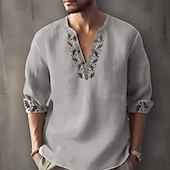 cheap Ethnic Pattern-Men&#039;s Ethnic Shirt Linen Shirt Long Sleeve Fashion Streetwear Designer Outdoor Daily Going out Spring &amp; Summer Stand Collar Print Yellow Light Green Pink Red Navy Blue