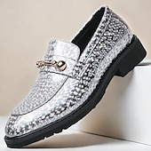 economico Semi-formale-mocassini da uomo in similpelle blu metallizzata con catena dorata decorativa – scarpe slip-on alla moda per occasioni formali e da festa