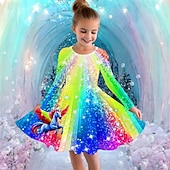 tanie Sukienka 3D Jednorożec-Dziewczyny &#039; 3D Graficzny Motyl Sukienka Długi rękaw Lato Wiosna Urlop Codzienny Święto Księżniczka Piękny Słodkie Dzieci 4-12 lat Codzienne sukienki Sukienka A line Do kolan Regularny