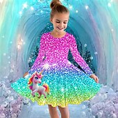 billiga Enhörningsklänning i 3D-Flickor 3D Grafisk Enhörnings Klänning Långärmad Sommar Vår Semester Dagligen Helgdag Prinsessa Skön Ljuv Barn 4-12 år Vardagsklänning A linjeklänning Knälång Normal