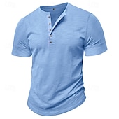 Χαμηλού Κόστους Casual Tee Henley-100% βαμβακερό ανδρικό μπλουζάκι henley κοντομάνικο μονόχρωμο απλό κουμπιά κλασικού στυλ henley casual καθημερινά καλοκαιρινή άνοιξη  &amp; φθινόπωρο μαύρο λευκό γαλάζιο μπλουζάκι henley
