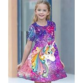 halpa 3D yksisarvinen mekko-Tyttöjen 3D Kuvitettu Yksisarvinen Mekko Lyhythihainen Kesä Kevät Loma Päivittäin Pyhäpäivä Prinsessa Kaunis Makea Lapset 4-12 vuotta Rento mekko A linjainen mekko Polvipituinen Normaali