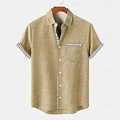 abordables Classique-Homme Chemise Chemise Lin Chemise de plage Plaid Intérieur Vacances Bleu Vert Kaki Manche Courte Col rabattu Eté Vêtement Tenue