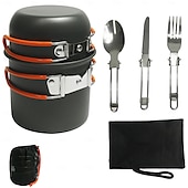 お買い得  キャンプキッチン-キャンプ用調理器具セット、ノンスティック軽量キャンプ用ミニポットパンストーブセット、ステンレススチールケトルプレートスプーン付き、バックパッキング、ハイキング、アウトドア料理、ピクニック用