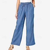 cheap Wide Leg &amp; High Waisted-Women&#039;s Linen Pants Pants Trousers Lightweight Casual Full Length Mid Rise Plain Pocket Drawstring Breathability Comfortable Inelastic Home Casual Daily Light Sky Blue Navy Summer Spring Regular Fit