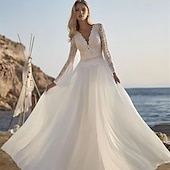 voordelige Trouwjurken-Strand Bruidsjurken A-Lijn Lange Mouw Geschulpte Plunge Hals Vloerlengte Chiffon Bruids Tops Bruidsjurken Met Applicaties