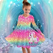 tanie Sukienka 3D Jednorożec-Dziewczyny &#039; 3D Graficzny Jednorożec Sukienka Długi rękaw Lato Wiosna Urlop Codzienny Święto Księżniczka Piękny Słodkie Dzieci 4-12 lat Codzienne sukienki Sukienka A line Do kolan Regularny