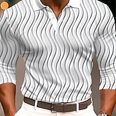 billiga Geometrisk pikétröja för män-Herr Geometrisk Pikétröjor Golftröja Långärmad Polotröjor Skjortor med krage Business Casual Arbetskläder Högtidskläder Festivalkläder Knappar 3D-utskrift Höst vinter Svart Vit