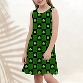 preiswerte 3D Shining Vision Kleid-St. Patrick Mädchen&#039; 3D Graphic Vierblättriges Kleeblatt Kleid Ärmellos Sommer Frühling Urlaub Täglich Festtage Prinzessin Schön Süß kinderkleidung 4-12 Jahre Casual kleid A Linie Kleid Knielang