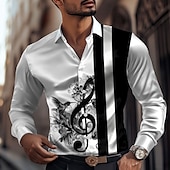 cheap Men&#039;s Satin Shirt-Men&#039;s Striped Musical Notes Satin Shirt Dress Shirt Button Up Shirt Long Sleeve Fashion Casual Vacation Daily Evening Party Summer Spring Fall Turndown Collared Shirts 3D Print White
