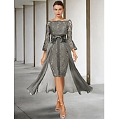 voordelige Jurkensets voor mama-Twee Delige Sheath Moeder van de Bruid Jurk Formele Bruiloft Gast Elegante Feest Off Shoulder Knie Lengte Chiffon Kant Imiteerde Zijde 3/4 Lengte Mouw met Strik(ken) 2025 gratis op maat