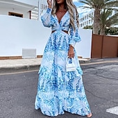 preiswerte Lässige Blumenkleider-Damen kleid lang Casual kleid A Linie Kleid Sommerkleid Boho-Kleid Elegant Stilvoll Urlaub Täglich Verabredung Regular Fit Blumen Langarm V Ausschnitt Gelb Blau Purpur Grün Sommer Frühling
