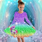 billiga Enhörningsklänning i 3D-Flickor 3D Grafisk Enhörnings Klänning Långärmad Sommar Vår Semester Dagligen Helgdag Prinsessa Skön Ljuv Barn 4-12 år Vardagsklänning A linjeklänning Knälång Normal