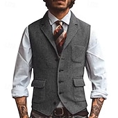 お買い得  メンズベスト-男性用 ベスト ジレ バケーション 日常 デート ファッション カジュアル 春 &amp; 秋 ボタン ポケット ポリエステル 快適 平織り シングルブレスト 一つボタン ラペル レギュラー シルバー ダークブラウン ブラック シャンパン ベスト