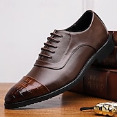 cheap Formal-Men&#039;s Brown Faux Leather Oxford Shoes with Crocodile-Patterned Toe Cap – Lace-Up Design, Stylish and Comfortable for Casual or Formal Occasions