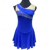 Figure Skating Dress Women's Girls' Ice Skating Dress Blue Patchwork Asymmetric Hem Mesh Spandex Stretchy Training Practice Professional Skating Wear Crystal / Rhinestone Sleeveless Figure Skating4