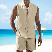 economico Set di camicie basic da uomo-Per uomo 2 pezzi Completo di camicia Set estivo Set abbinati Abbigliamento mare Liscio Da mare Giornaliero Nero Bianco Blu marino Cachi Senza maniche Colletto Estate Abbigliamento