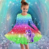 billiga Enhörningsklänning i 3D-Flickor 3D Grafisk Enhörnings Klänning Långärmad Sommar Vår Semester Dagligen Helgdag Prinsessa Skön Ljuv Barn 4-12 år Vardagsklänning A linjeklänning Knälång Normal