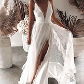 preiswerte Abschlusskleider-Damen Maxikleid Abschlusskleid Freizeitkleid A Linie Kleid Sommerkleid Stilvoll Sexy Urlaub Täglich Date Normale Passform Einfach Ärmellos V Ausschnitt Weiß Sommer
