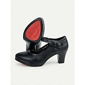 olcso Block Heels-női fekete magassarkú mary jane pumpák - kerek orr, stílusos bokapánt gombos részletekkel, tökéletes irodai vagy hétköznapi viselethez