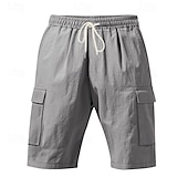 cheap Classic-Men&#039;s Cargo Shorts Shorts Linen Shorts Summer Shorts Beach Shorts Drawstring Elastic Waist Multi Pocket Plain Comfort Breathable Knee Length Outdoor Daily Beach Hawaiian Casual Black White