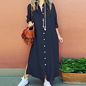 cheap Dresses-Women&#039;s Long Dress Maxi Dress Linen-Inspired Dresses Shirt Dress Casual Dress Cotton Linen Dress Stylish Casual Vacation Daily Date Regular Fit Plain Long Sleeve Lapel Pink Navy Blue Brown Summer