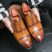levne Formální-pánské hnědé oxfordky z umělé kůže – klasický brogue design se zapínáním na šněrování pro formální obchodní a svatební příležitosti