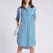 ieftine Rochii tip cămașă-Pentru femei Rochie Mini Rochii Tip Cămașă Rochie casual Rochie de vară Stilat Casual Vacanță Zilnic Dată Fit regulat Dunga Manșon Lung Rever Albastru piscină Vară Primăvară