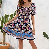 preiswerte Ausgefallene Kleider-Damen Minikleid Casual kleid Sommerkleid Boho-Kleid Elegant Stilvoll Laternenärmel Urlaub Täglich Verabredung Regular Fit Blumen Kurzarm Quadratischer Ausschnitt Schwarz Rosa Blau Sommer