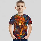 billiga Pojkens 3D-djur-Pojkar 3D Grafisk Lejon T-shirt Kortärmad Sommar Vår Mode Grundläggande Barn 4-12 år Rund hals Utomhus Ledigt Dagligen Normal
