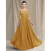olcso Padlóhossz-A-vonalú Kölcsönanyai Ruha Elegáns Ékszer Nyak Padló Hosszú Chiffon Csipke 3/4 Hosszú Ujjú Ráncokkal Appliques