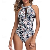 abordables Maillots une pièce et tankinis-Femme Maillot de bain 1 pièce Maille Découpé Maillots de Bain Floral Maillots de Bain Bleu Respirable Séchage rapide Poids Léger Sans Manches - Natation Surf Plage Eté Printemps