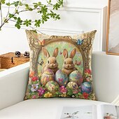 cheap Holiday Cushion Cover-Easter Decorative Toss Pillows Cover 1PC Bunny Eggs Soft Square Couch Cushion Case Pillowcase for Bedroom Livingroom Sofa Chair