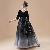 baratos Vestidos floridos-Vestido para Meninas das Flores Crianças Para Meninas Vestido de princesa Espetáculo Casamento Festa Elegante Lindo Com Transparência Gradiente Meia Manga Decote V Preto Azul 4 anos +