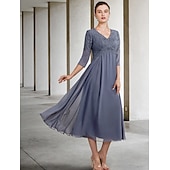 economico Lunghezza del pavimento-Abito per la madre della sposa A-Line invitata a un matrimonio elegante taglie forti scollo a V lunghezza tè in chiffon pizzo manica 3/4 con ruches applicazioni 2025 taglia personalizzata gratuita