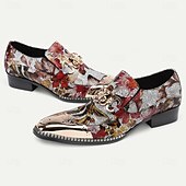 baratos Sapatos Sociais Elementares-mocassins masculinos de couro com estampa floral – sapatos sociais slip-on de couro bovino premium com corrente de metal e biqueira brilhante para festas e ocasiões formais