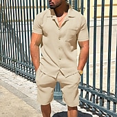 abordables Ensembles de chemises basiques pour hommes-Homme Deux pièces Ensemble Chemise Ensemble été Et Set Uni Quotidien Vacances Sortir Col Manche Courte Pantalon Court Été Mode Occasionnel Confortable Vêtement Tenue