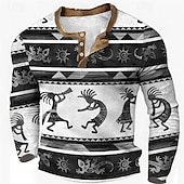 voordelige Etnische stijl-Voor heren Grafisch Tribal Henley-shirt Wafel T-shirt Lange mouw 3D-afdrukken Modieus Ontwerper Etnisch Buitensporten Feestdagen Festival Lente &amp; Herfst blauw Bruin Groen Grijs Henley Henley-T-shirt
