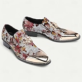 baratos Sapatos Sociais Elementares-mocassins masculinos de couro com estampa floral – sapatos sociais slip-on de couro bovino premium com corrente de metal e biqueira brilhante para festas e ocasiões formais