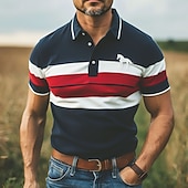 cheap Men&#039;s Rugby Polo-Men&#039;s Horse Striped Rugby Polo Short Sleeve Polo Shirts Collared Shirts Casual School Outdoor Sports Daily Wear 3D Print Summer Red Brown Green