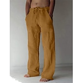 cheap Classic-Men&#039;s Linen Pants Trousers Summer Pants Beach Pants Pocket Drawstring Elastic Waist Plain Daily Streetwear Fashion Casual Black White