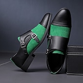 cheap Formal-Men&#039;s Green and Black Suede Double Monk Strap Shoes – Stylish Faux Leather Formal Dress Shoes for Weddings and Business Occasions