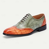 levne Klasické Společenské Boty-pánské oxfordky v zelené a oranžové barvě – prémiová hovězí kůže, krokodýlí reliéfní vzor, brogue detaily, elegantní formální obuv na svatby a obchodní akce