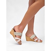 tanie Sandały damskie-eleganckie sandały damskie typu slip-on z błyszczącymi paskami – wygodne sandały na grubym obcasie na imprezy, wesela i specjalne okazje