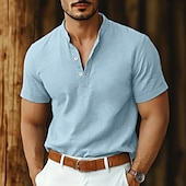 economico Strada-Per uomo Camicia camicia di lino Camicia con colletto a fascia Camicia popover Camicia estiva Abbigliamento mare Liscio Da mare Informale Nero Bianco Rosa Blu marino Manica corta Henley Estate