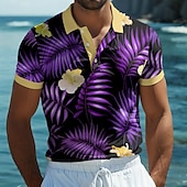 abordables Polo hawaïen pour homme-Homme Fleuri Graphique Polo Manche Courte Polos Chemises à Col Occasionnel École Extérieur Tenue quotidienne Vêtements de maison Impression 3D Été Jaune Bleu Violet
