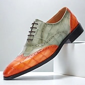 levne Klasické Společenské Boty-pánské oxfordky v zelené a oranžové barvě – prémiová hovězí kůže, krokodýlí reliéfní vzor, brogue detaily, elegantní formální obuv na svatby a obchodní akce