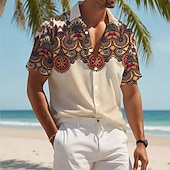 economico Modello etnico-Per uomo Geometrica Etnico Camicia Camicia con bottoni Manica corta Moda Casual Da mare Per eventi Abbigliamento mare Estate Primavera Collo ripiegabile camicie con colletto Cachi