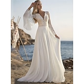 voordelige Trouwjurken-Strand Bruidsjurken A-Lijn Lange Mouw Geschulpte Plunge Hals Vloerlengte Chiffon Bruids Tops Bruidsjurken Met Applicaties