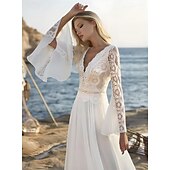 voordelige Trouwjurken-Strand Bruidsjurken A-Lijn Lange Mouw Geschulpte Plunge Hals Vloerlengte Chiffon Bruids Tops Bruidsjurken Met Applicaties